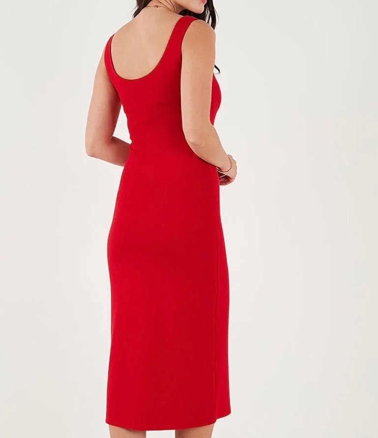 Kırmızı V Yaka Kolsuz Midi Kalem Elbise - Görsel 2