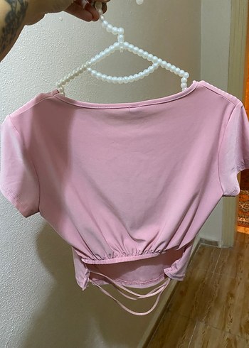 Pembe Kadın Kısa Kollu Crop Top - Görsel 2