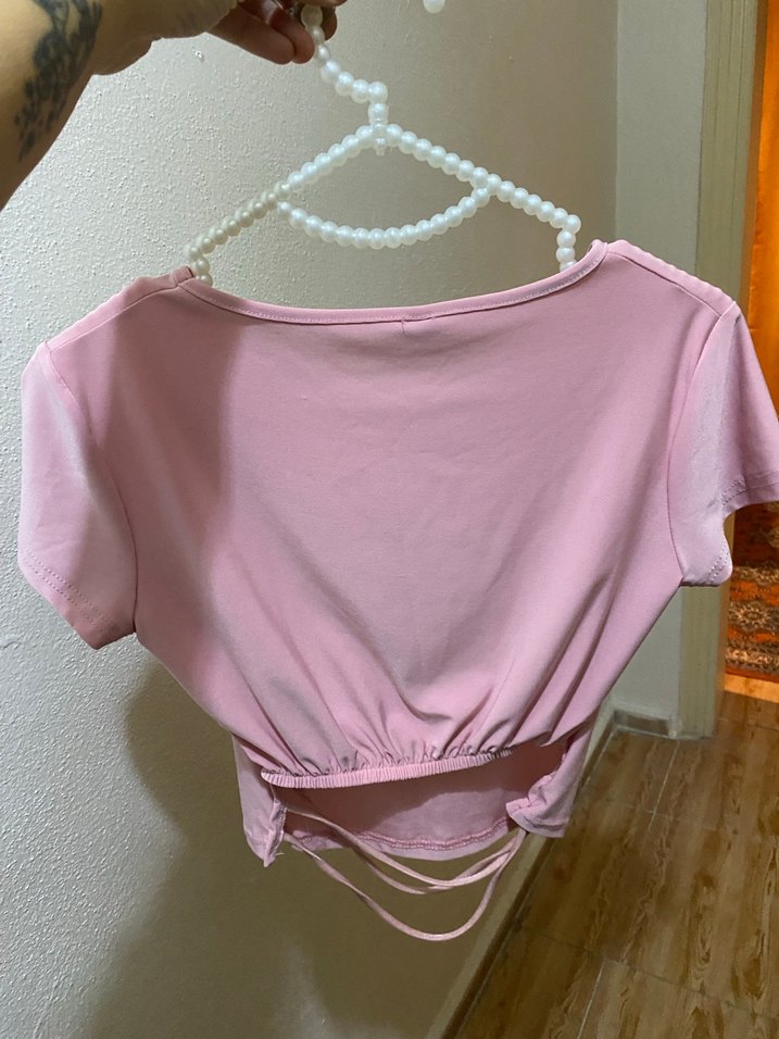 Pembe Kadın Kısa Kollu Crop Top - Görsel 2