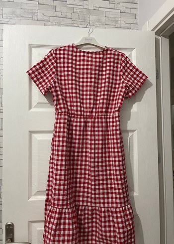 Kırmızı Kareli Midi Düğmeli Kadın Elbise - Görsel 2