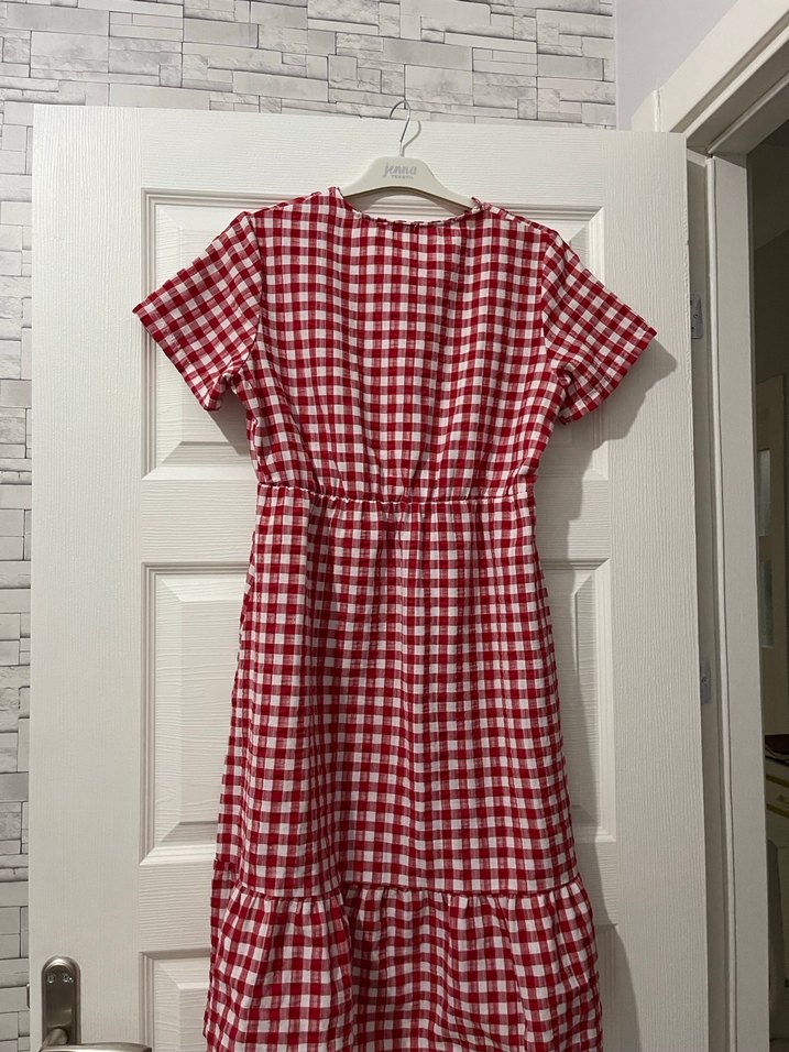 Kırmızı Kareli Midi Düğmeli Kadın Elbise - Görsel 2