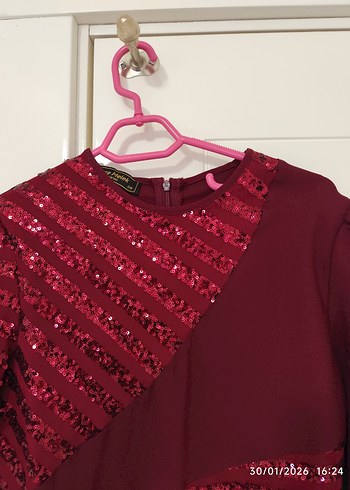 Bordo Uzun Kollu Nakışlı Kadın Abiye Elbise - Görsel 3