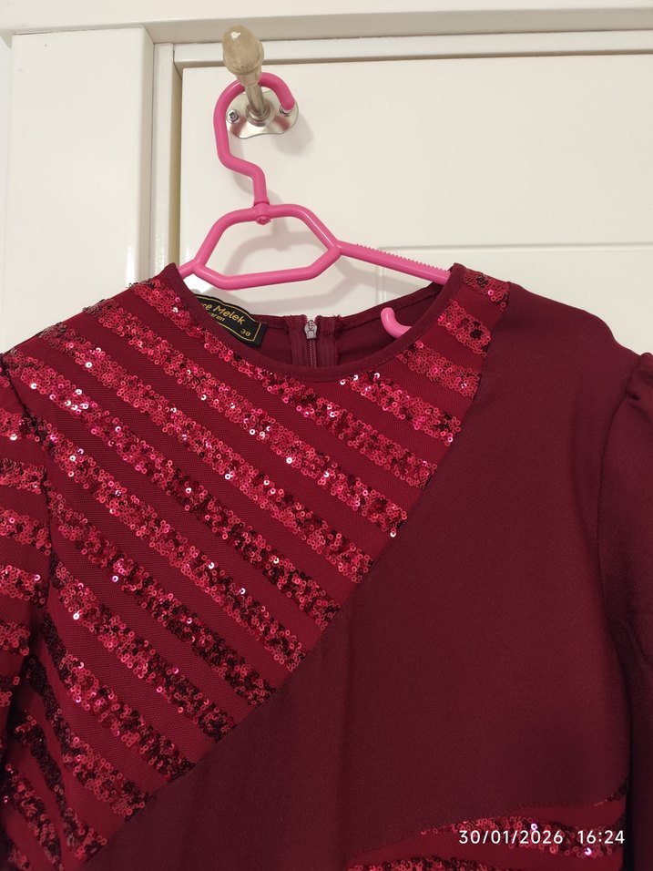 Bordo Uzun Kollu Nakışlı Kadın Abiye Elbise - Görsel 3