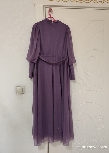 Mor Uzun Kollu İşlemeli Kadın Abiye Elbise - Görsel 3
