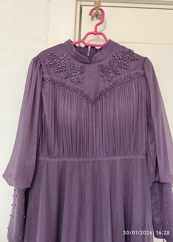 Mor Uzun Kollu İşlemeli Kadın Abiye Elbise - Görsel 2