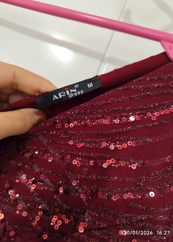 Bordo Uzun Kollu Drapeli Abiye Elbise - Görsel 4