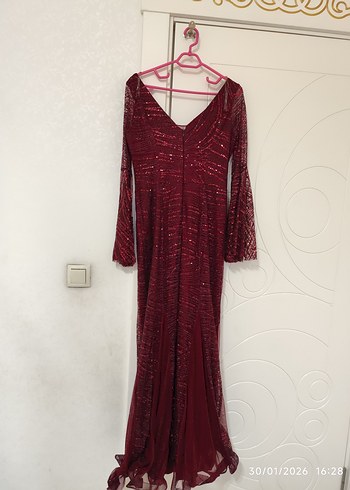 Bordo Uzun Kollu Drapeli Abiye Elbise - Görsel 3