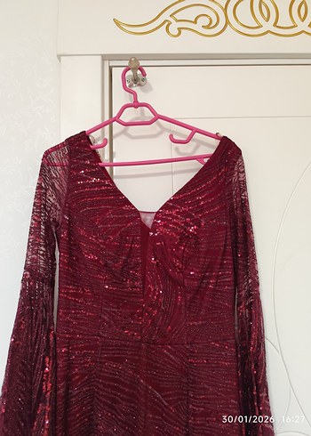 Bordo Uzun Kollu Drapeli Abiye Elbise - Görsel 2