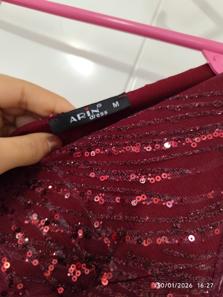 Bordo Uzun Kollu Drapeli Abiye Elbise - Görsel 4