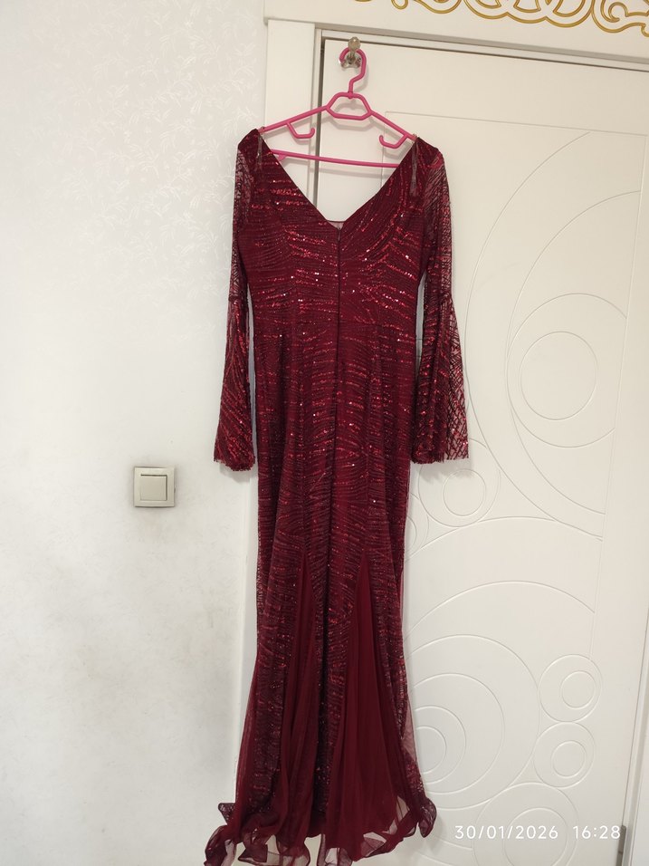 Bordo Uzun Kollu Drapeli Abiye Elbise - Görsel 3