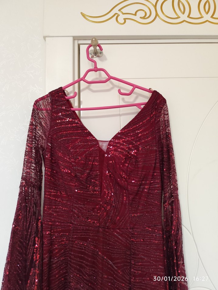 Bordo Uzun Kollu Drapeli Abiye Elbise - Görsel 2