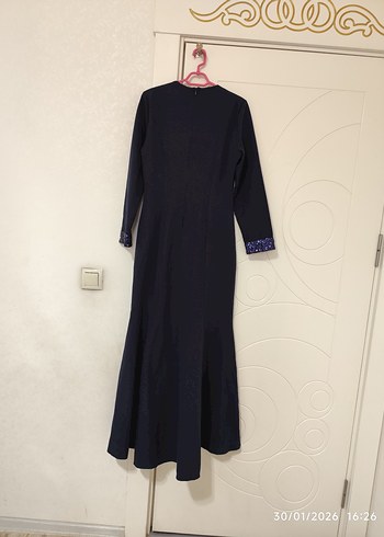 Nakışlı Drapeli Lacivert Uzun Abiye Elbise - Görsel 2