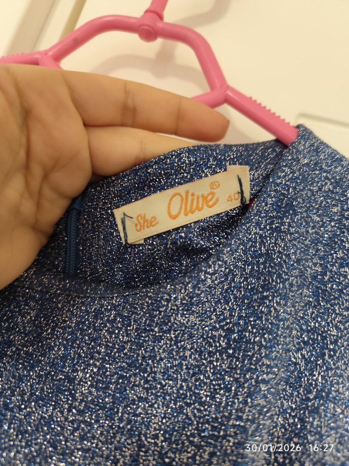 Uzun Kollu Mavi Denim Elbise - Görsel 3