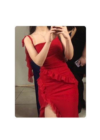 Kırmızı Uzun Yırtmaçlı Fırfırlı Abiye / Elbise - Görsel 2