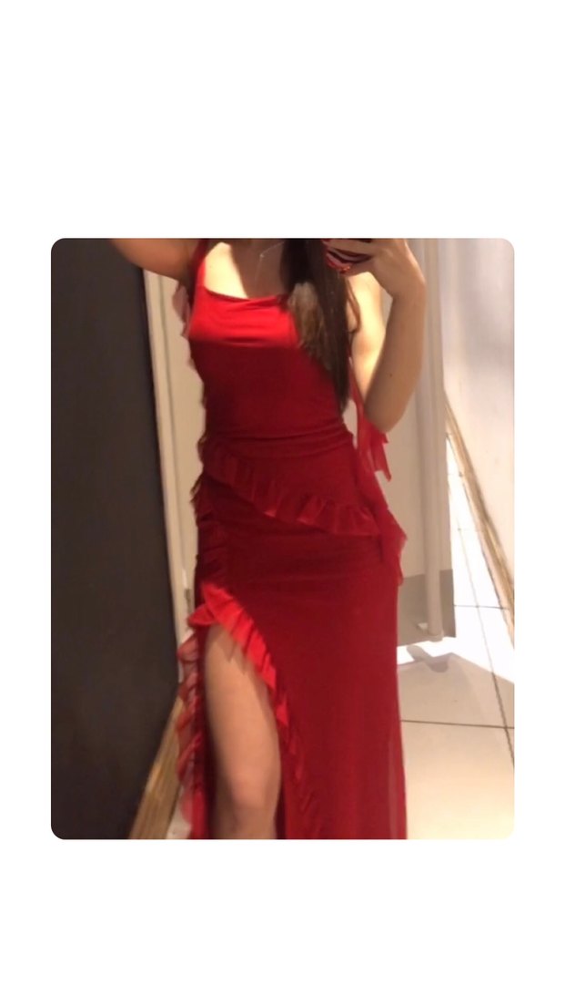 Kırmızı Uzun Yırtmaçlı Fırfırlı Abiye / Elbise - Görsel 3