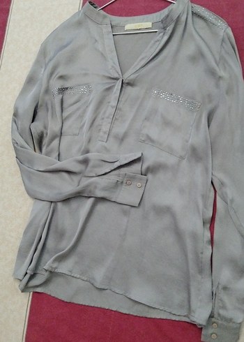 Gri Kadın V Yaka Uzun Kollu Gömlek - Görsel 5