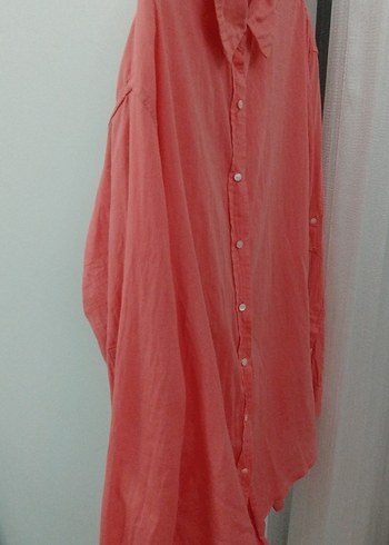 Düğmeli Pembe Keten Kadın Gömlek - Görsel 3