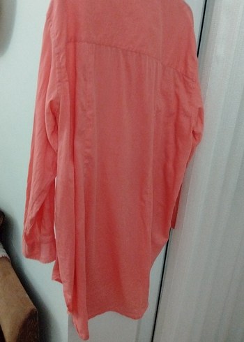 Düğmeli Pembe Keten Kadın Gömlek - Görsel 4