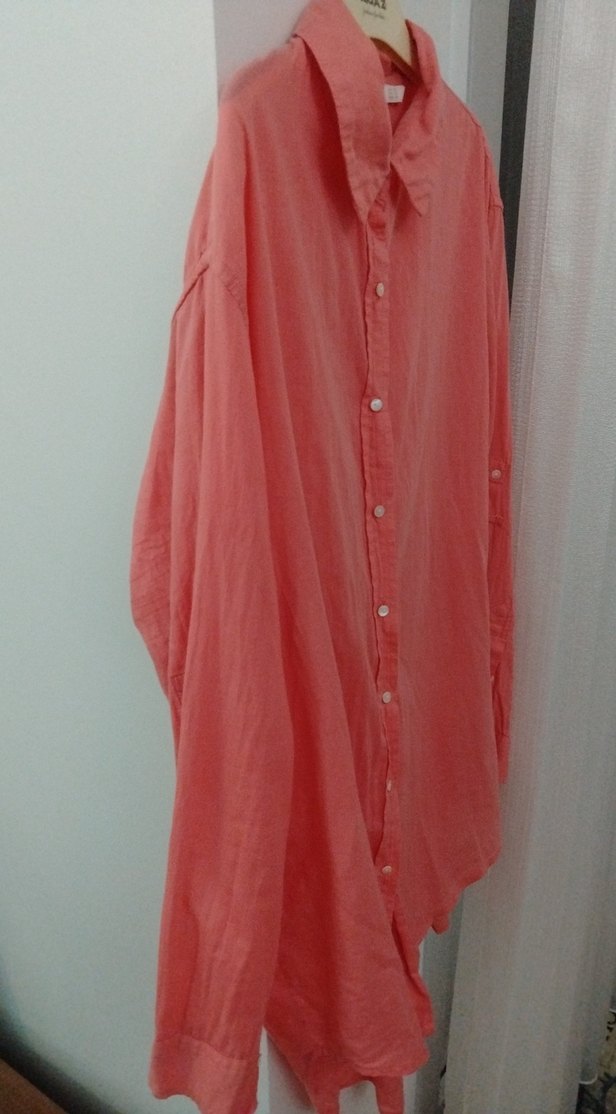 Düğmeli Pembe Keten Kadın Gömlek - Görsel 3