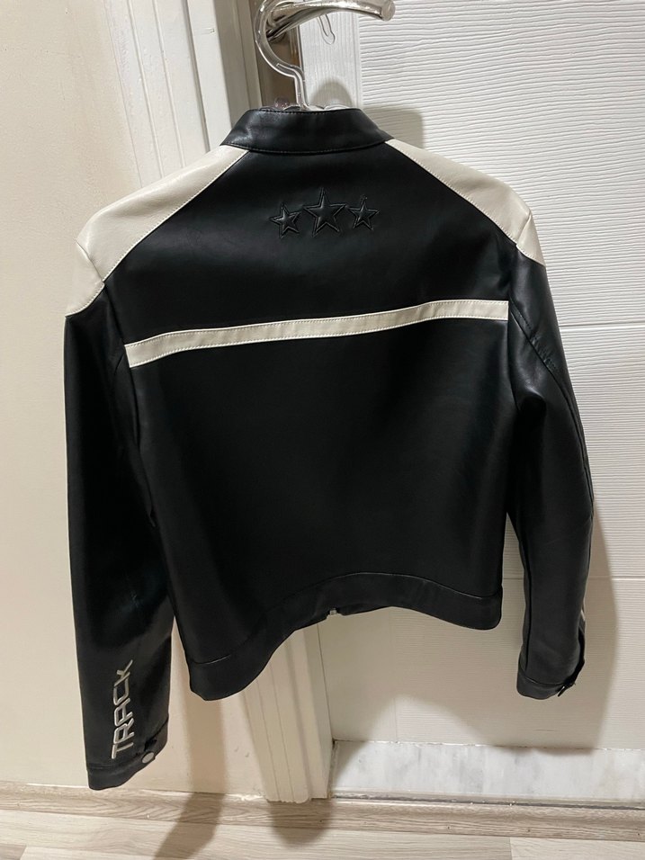 Kadın Siyah Beyaz Deri Biker Ceket - Görsel 2