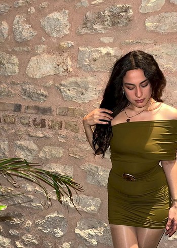 Kahverengi Drapeli Straplez Mini Elbise - Görsel 2