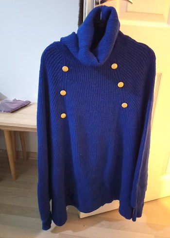 Düğmeli Mavi Boğazlı Kadın Triko - Görsel 2