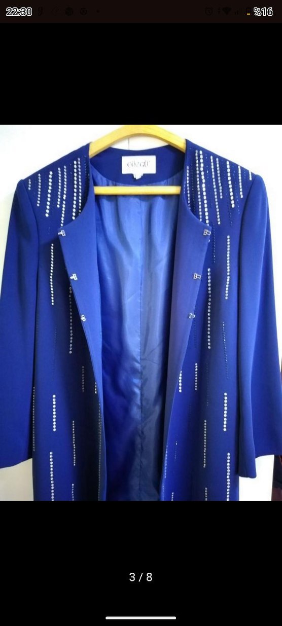 Boncuk Detaylı Uzun Kollu Mavi Kadın Ceket - Görsel 3