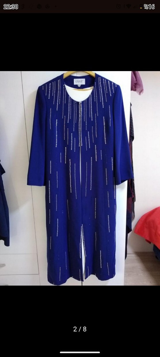 Boncuk Detaylı Uzun Kollu Mavi Kadın Ceket - Görsel 2