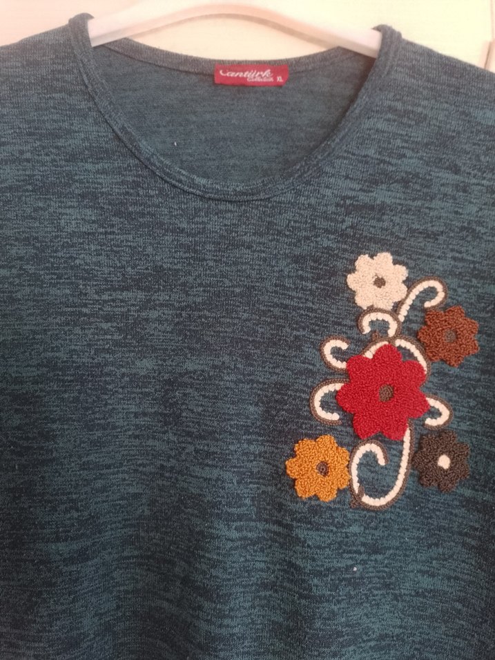 Nakışlı Uzun Kollu Mavi Triko Tunik - Görsel 2