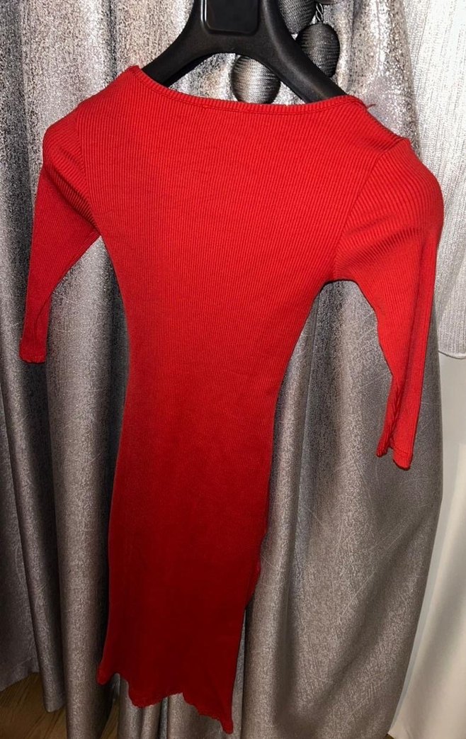 Kırmızı Triko Uzun Kollu Midi Elbise - Görsel 2