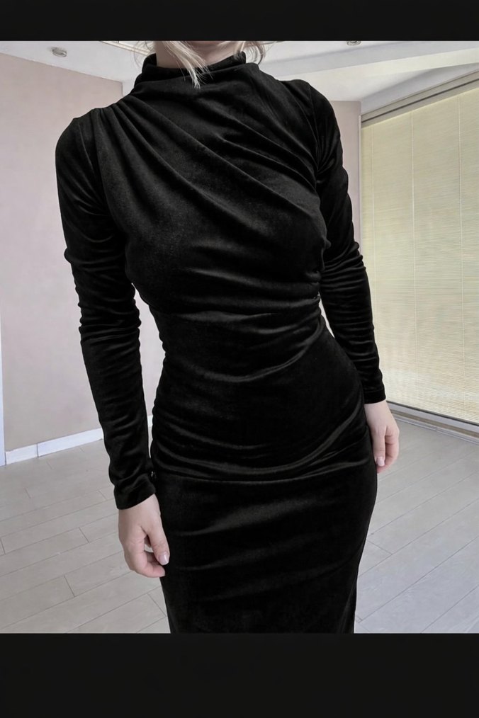 Uzun Siyah Saten Drapeli Elbise - Görsel 2