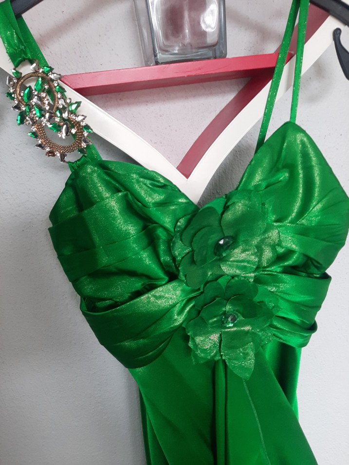 Drapeli Parlak Yeşil Uzun Abiye Elbise - Görsel 3