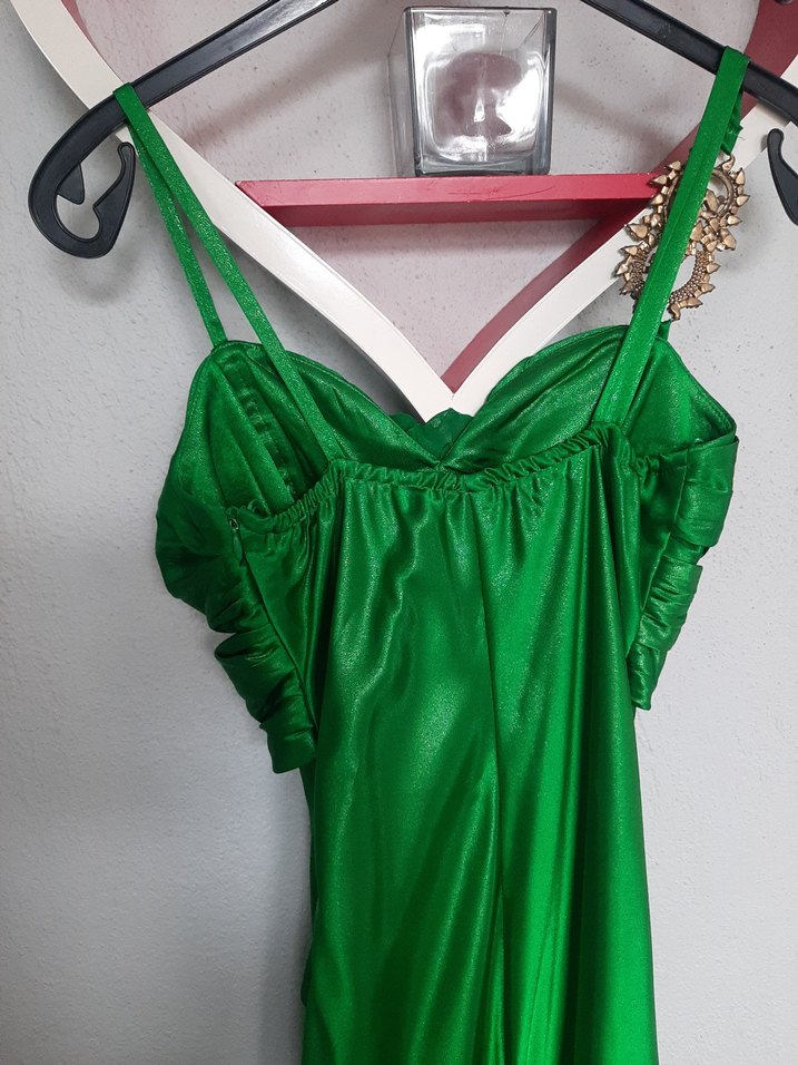 Drapeli Parlak Yeşil Uzun Abiye Elbise - Görsel 4