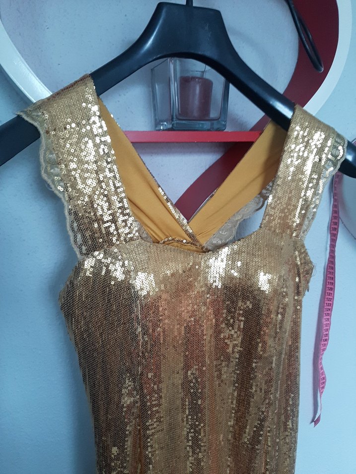 Altın Renkli Uzun Parlak Kadın Abiye Elbise - Görsel 2