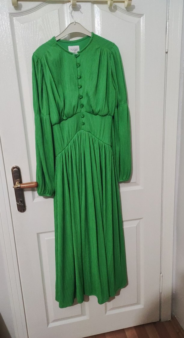 Yeşil Pilili Uzun Kollu Kadın Elbise - Görsel 2