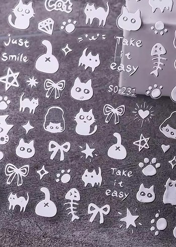 Beyaz Kedili Tırnak Stickerı - Görsel 3