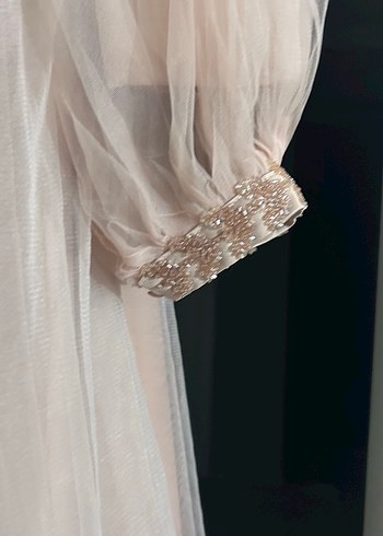 Bej Nakışlı Uzun Kollu Drapeli Abiye Elbise - Görsel 4