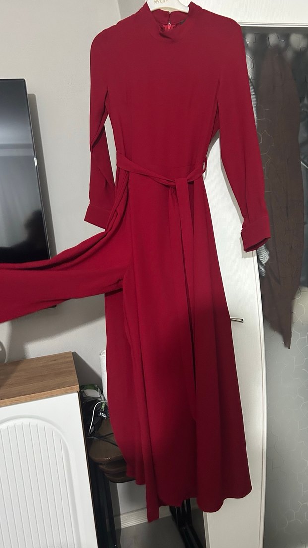 Klasik Kırmızı Uzun Kollu Uzun Elbise tulum - Görsel 3