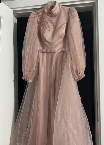 Bej Nakışlı Uzun Kollu Abiye Elbise - Görsel 2