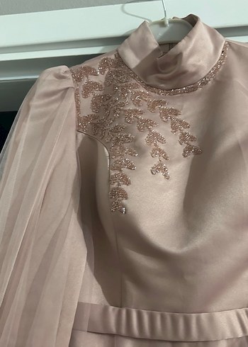 Bej Nakışlı Uzun Kollu Abiye Elbise - Görsel 5