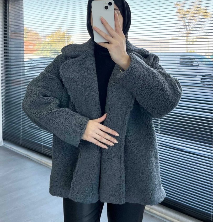 Gri Suni Kürklü Kadın Kışlık Ceket - Görsel 3