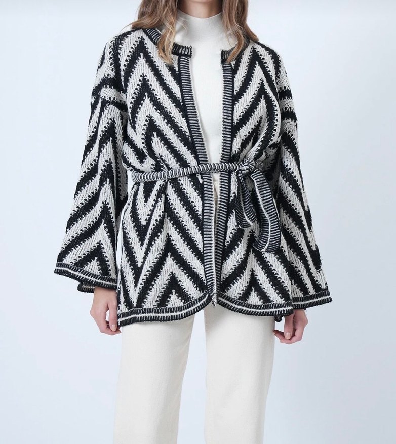 Kemerli Zebra Desenli Midi Triko Hırka - Görsel 2