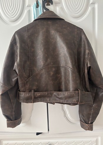 Kahverengi Kadın Deri Biker Ceket - Görsel 5