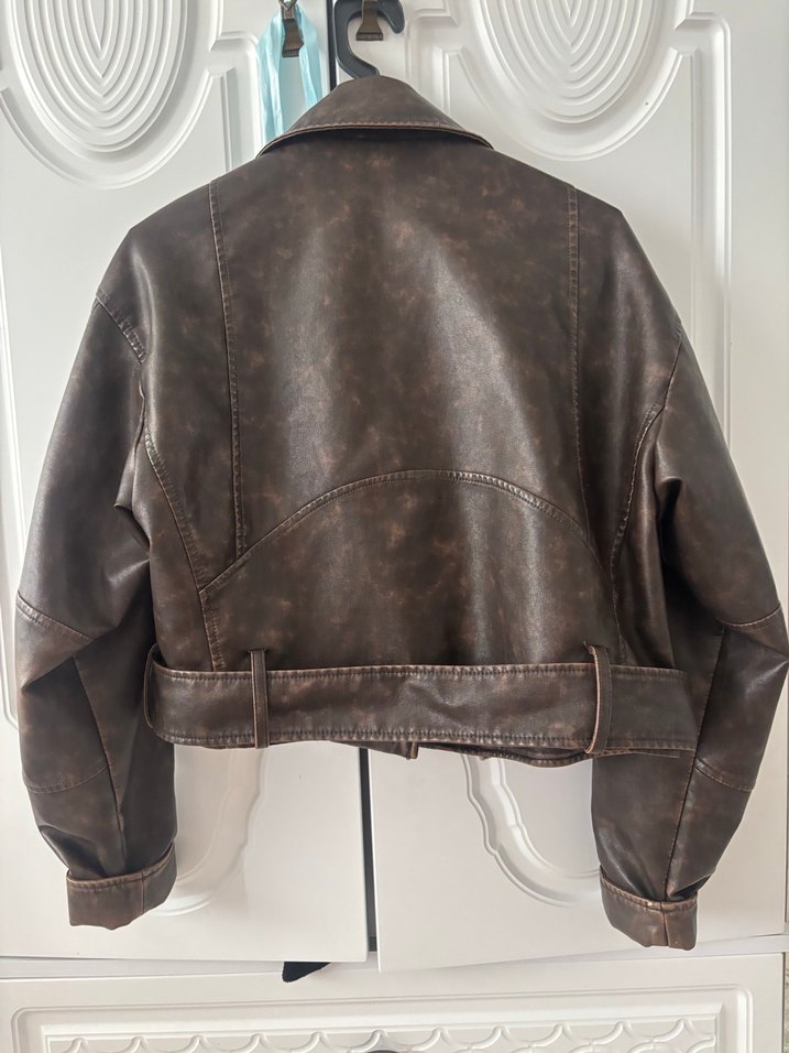 Kahverengi Kadın Deri Biker Ceket - Görsel 5