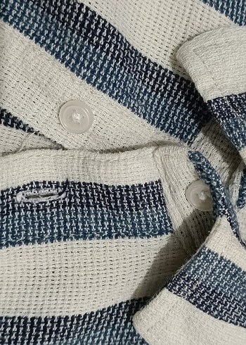 Düğmeli Çizgili lacivert Keten Erkek Gömlek - Görsel 3