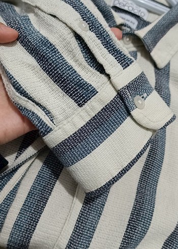 Düğmeli Çizgili lacivert Keten Erkek Gömlek - Görsel 2