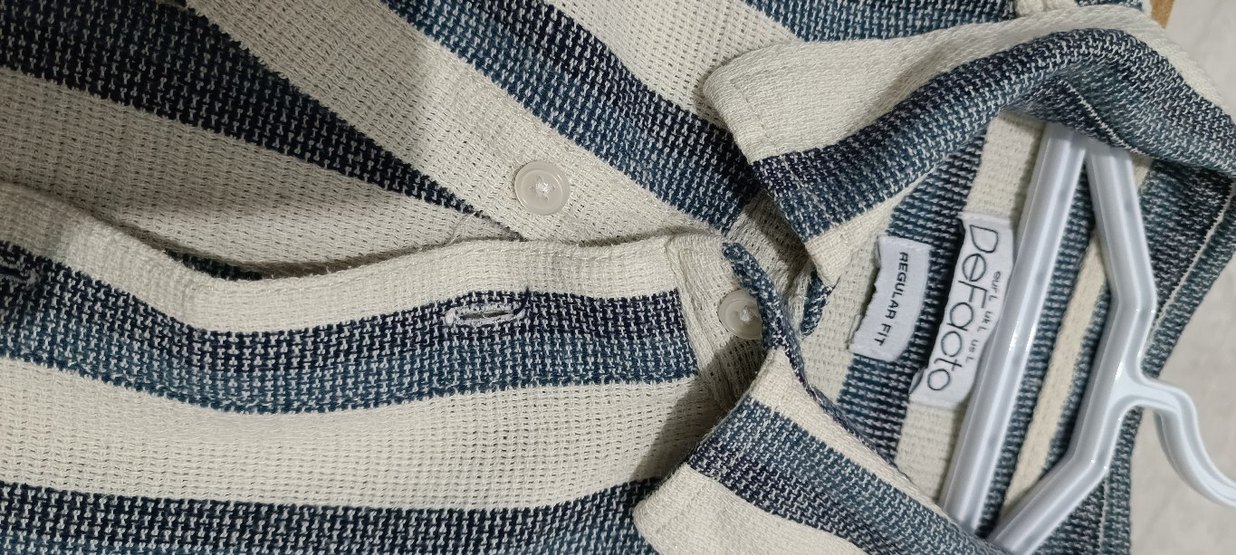 Düğmeli Çizgili lacivert Keten Erkek Gömlek - Görsel 3