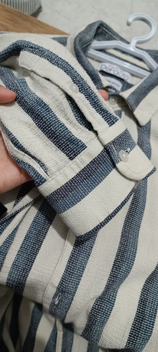 Düğmeli Çizgili lacivert Keten Erkek Gömlek - Görsel 2