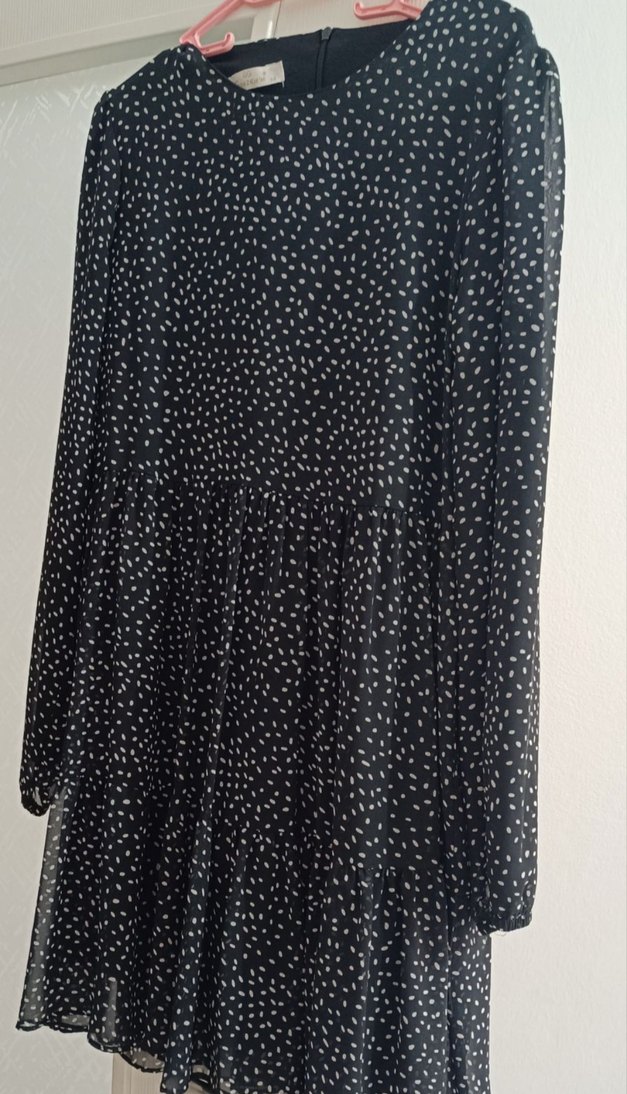 Düğmeli Siyah Puantiyeli Midi Elbise - Görsel 2