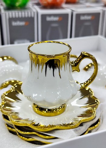 Beyaz ve Altın Detaylı Parlak Kahve Fincan Seti - Görsel 2